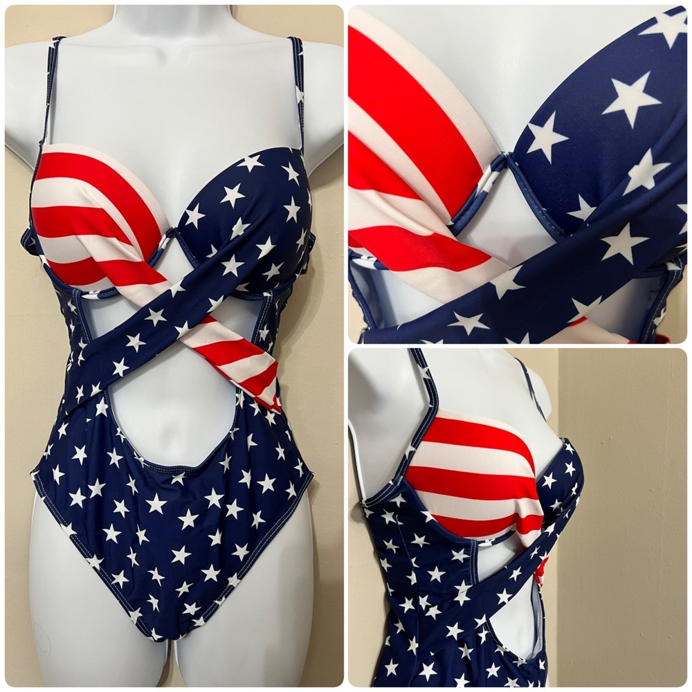 American Flag Stars Stripes Push Up Swimsuit - Picture 4 of 13